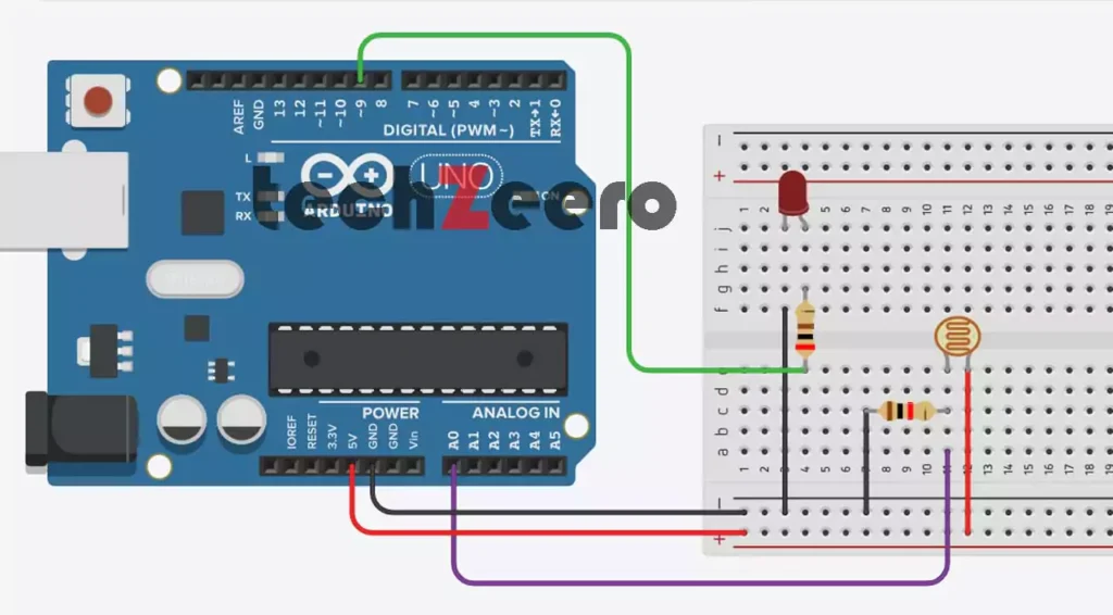 Cicuit Diagram of LDR and LED with Arduino