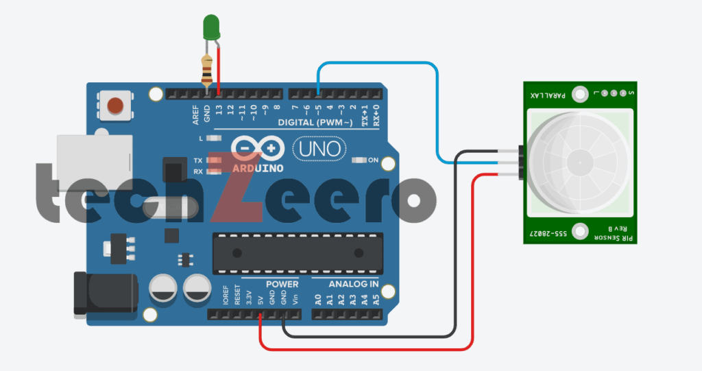 Circuit Diagram For PIR Motion Sensor with Arduino