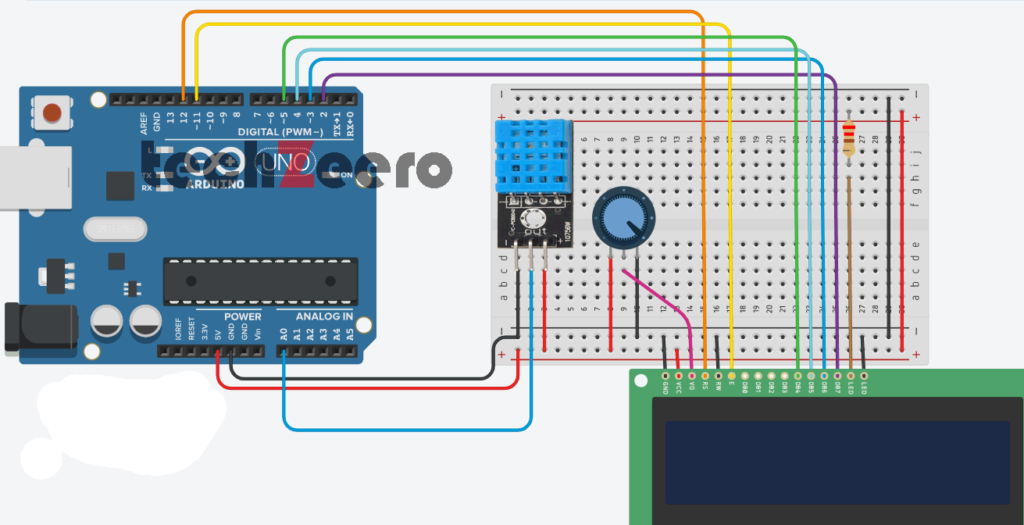 Circuit of DHT11 and LCD with Arduino