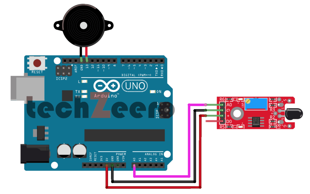 Circuit Diagram of Flame Sensor with Arduino Using Analog Pin